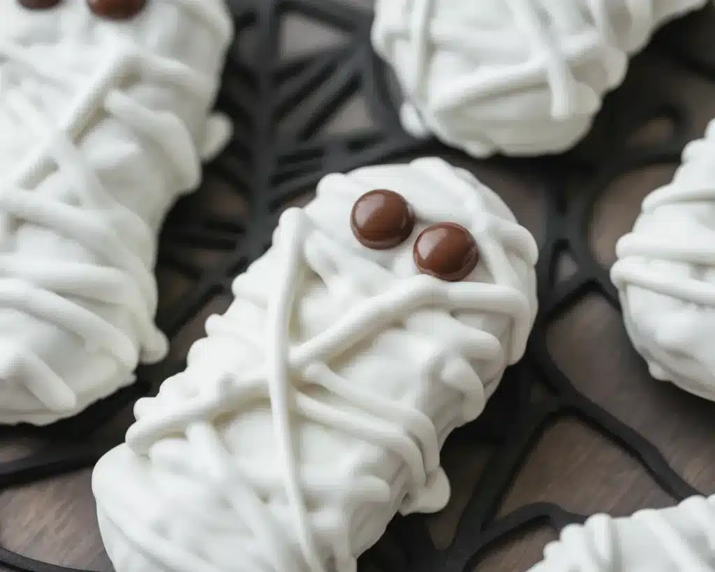 Cute and easy Mummy Cookies made with three ingredients, perfect for Halloween festivities.