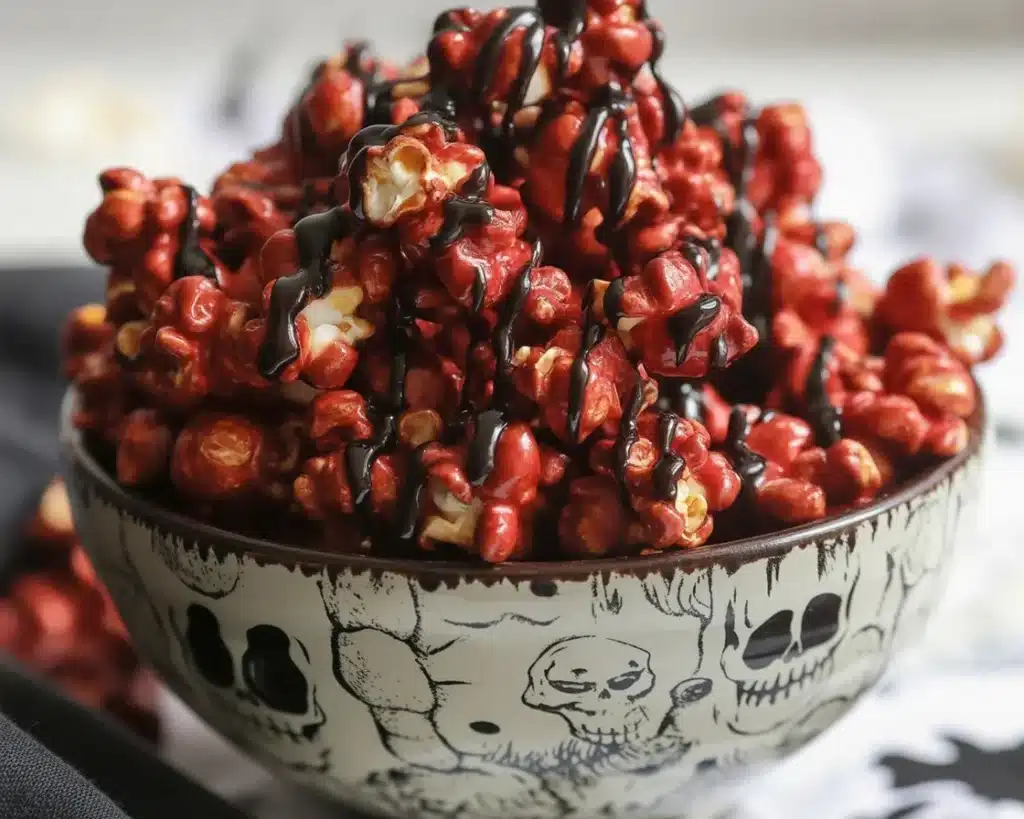 Bloody Red Velvet Popcorn drizzled with red syrup, perfect for Halloween treats.