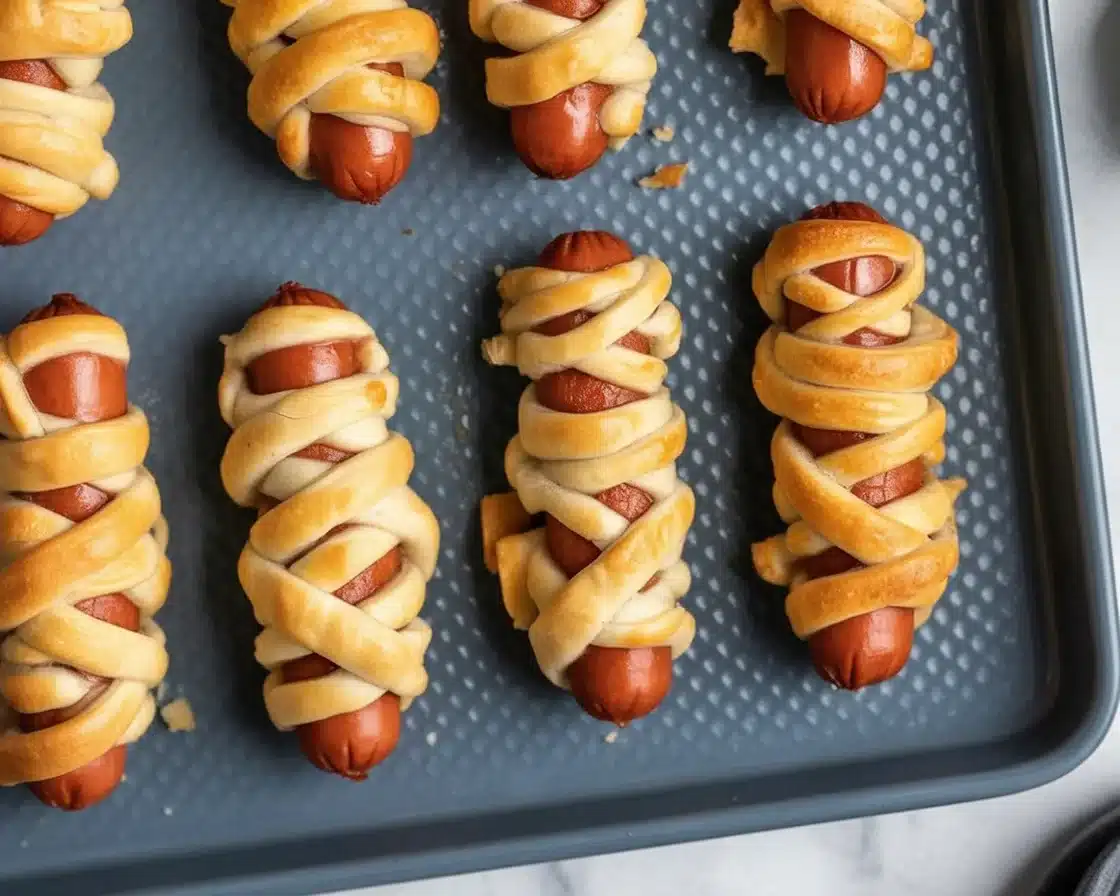 Mummy hot dogs wrapped in crescent dough for a fun Halloween snack.