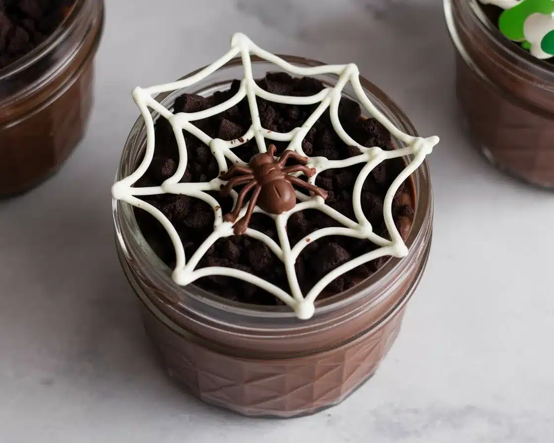 Oreo Spiderweb Halloween Pudding with chocolate web decoration and spooky design.
