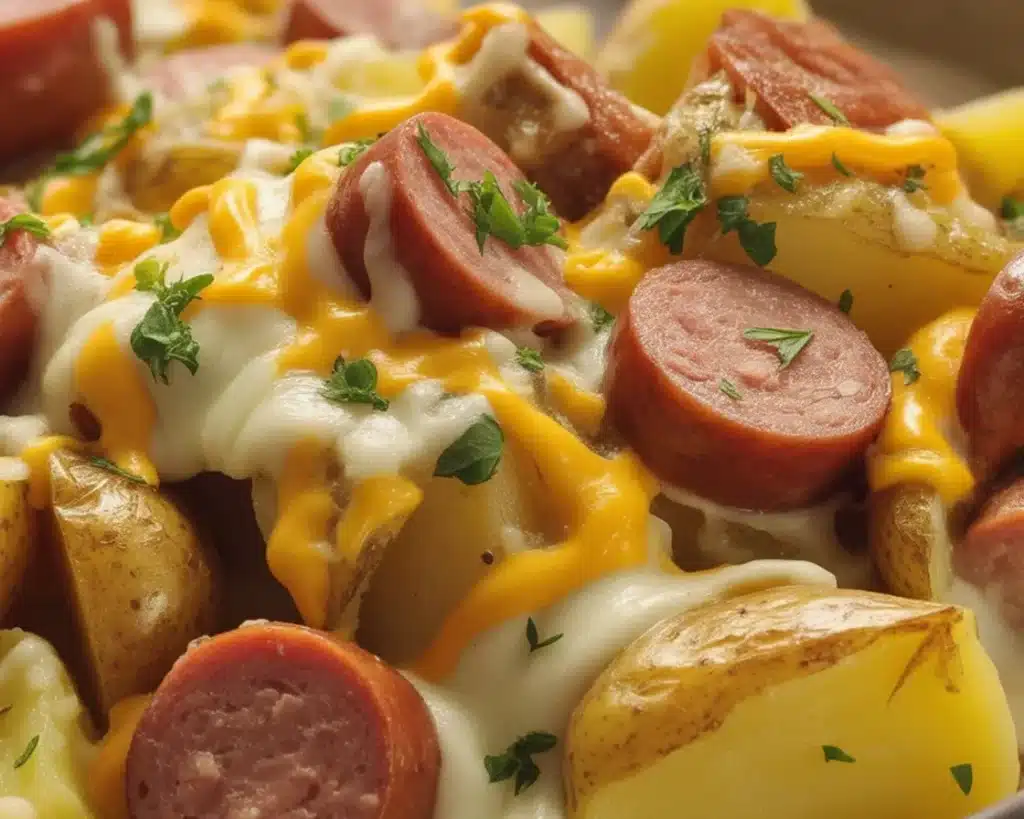 Cheesy Ranch Potatoes with Smoked Sausage served in a bowl.