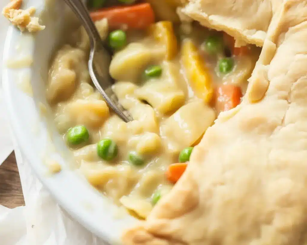 Vegan Thanksgiving Pot Pie with vegetables and flaky crust on a festive table.