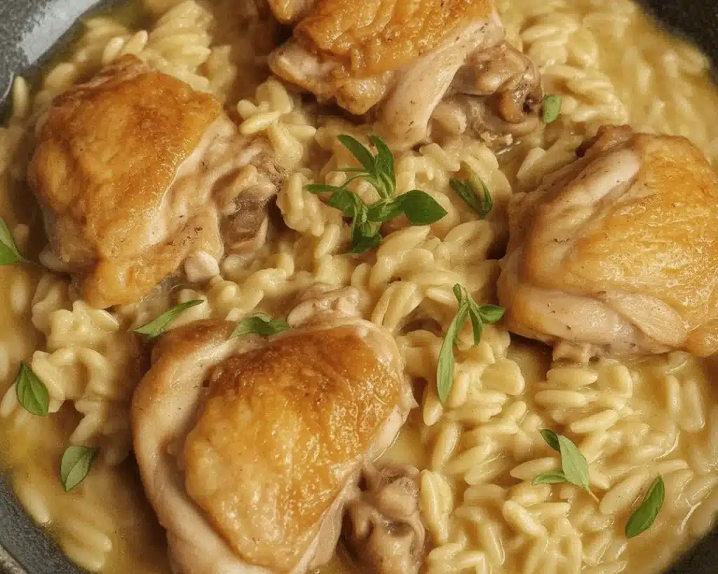 Creamy French Onion Chicken Orzo Casserole with melted cheese and crispy fried onions.