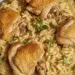 Creamy French Onion Chicken Orzo Casserole with melted cheese and crispy fried onions.