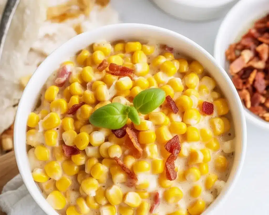 Creamy Boursin Cheese Corn dish with sweet corn and pancetta served in a bowl.