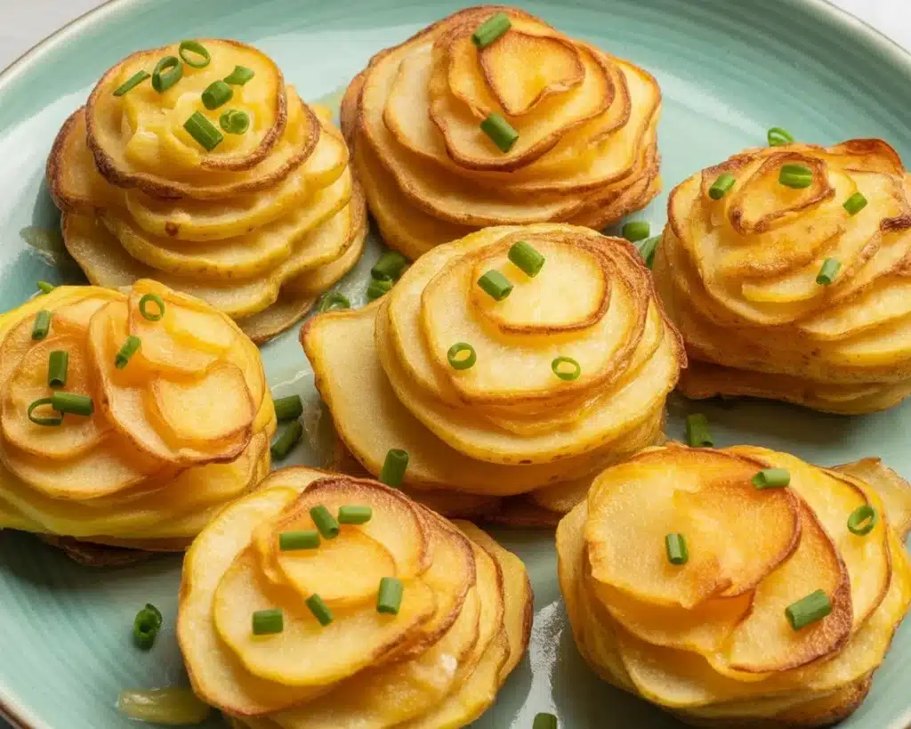 Golden crispy potato stacks layered with cheese and herbs, baked to perfection.