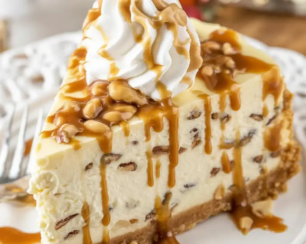 Delicious Butter Pecan Cheesecake with caramel and chopped pecans on top.