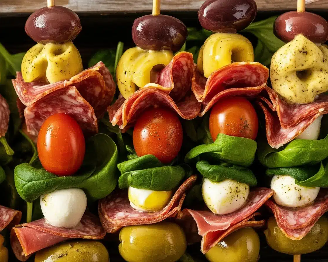 Delicious antipasto skewers with meats, cheeses, and vegetables ready to serve.