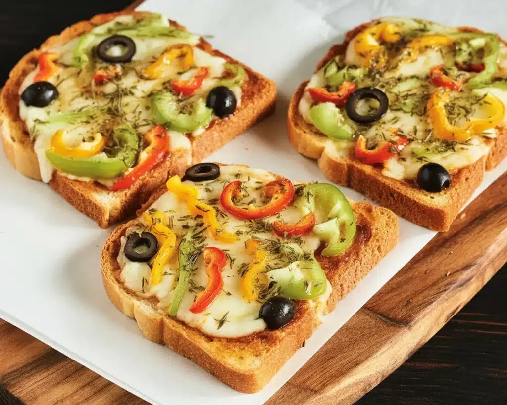 Delicious homemade Bread Pizza topped with sauce, cheese, and colorful veggies.