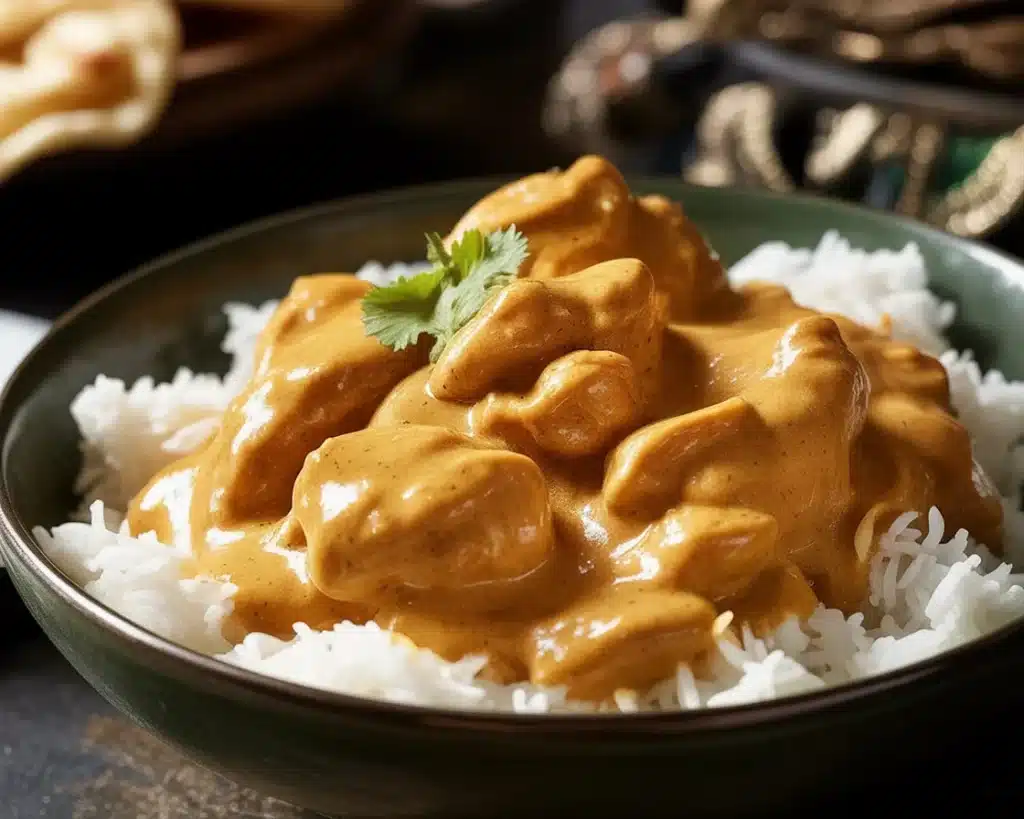 Delicious Butter Chicken served in a creamy tomato sauce, garnished with cilantro.