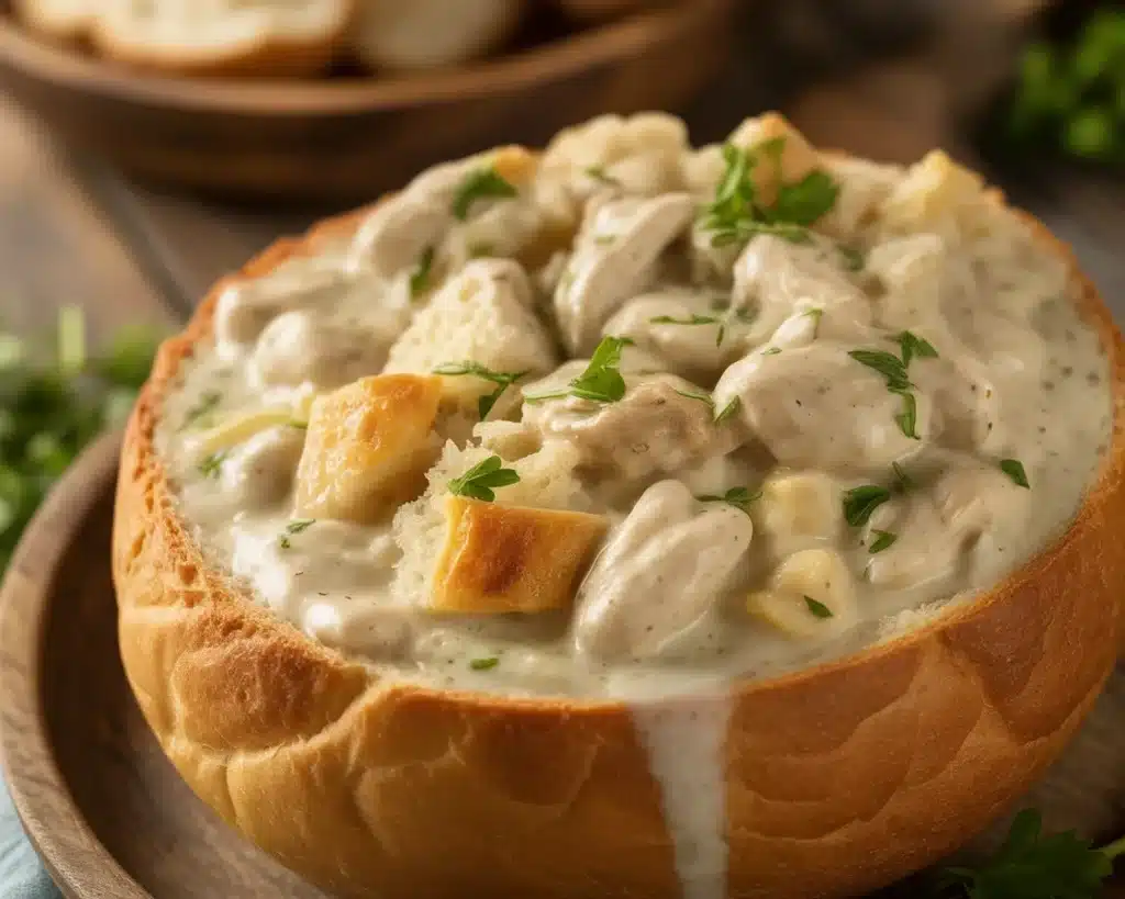 Creamy Chicken Alfredo Garlic Bread Bowls with fettuccine and crunchy garlic bread.