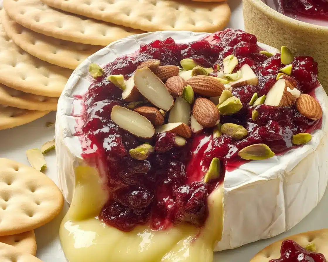 Cranberry Brie Bake topped with homemade cranberry sauce and nuts, served warm.