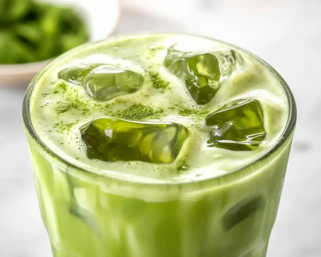 Iced matcha latte made with matcha powder and milk on a bed of ice.