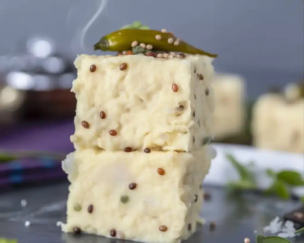 Oats Dhokla - A healthy savory steamed cake made with oats and semolina.