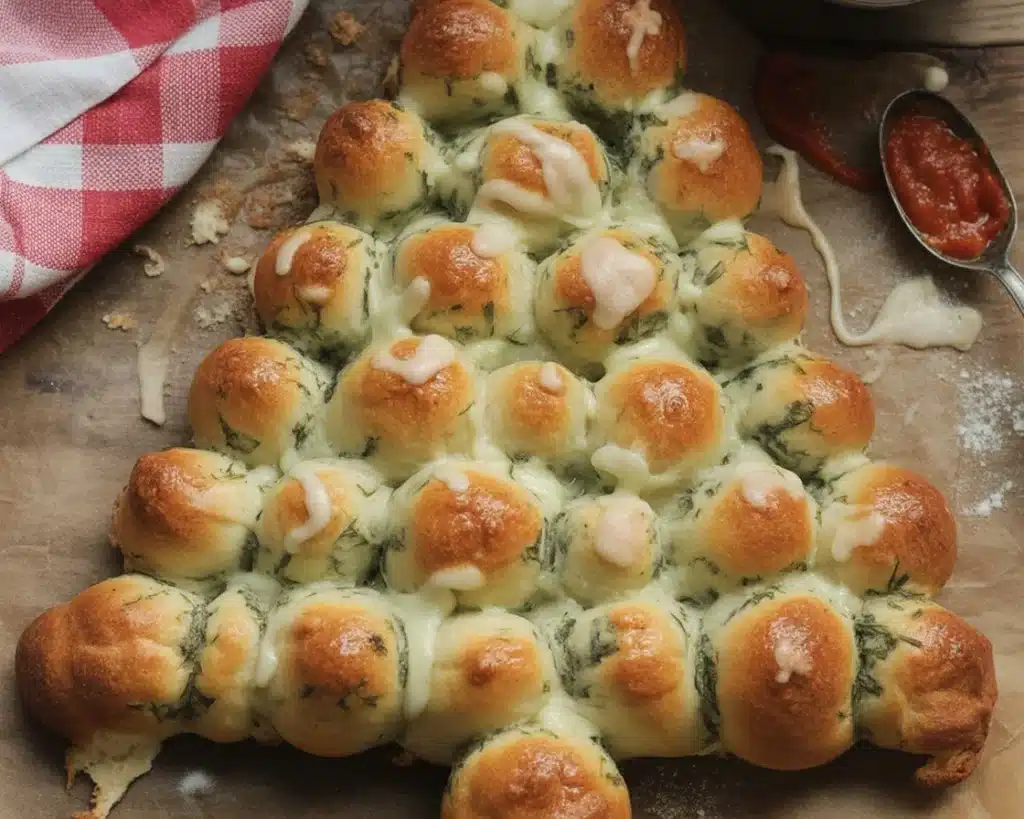 Delicious Pull-Apart Christmas Tree Bread filled with cheese and topped with garlic.