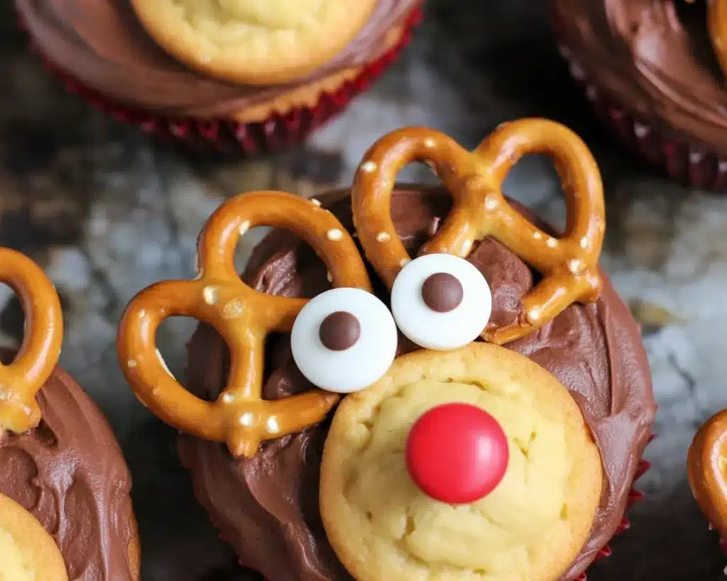 Festively decorated reindeer cupcakes made with chocolate and buttercream frosting.
