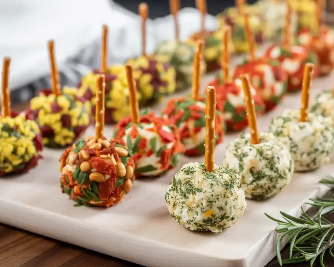 Plate of assorted Mini Cheese Balls with crunchy coatings and creamy fillings.