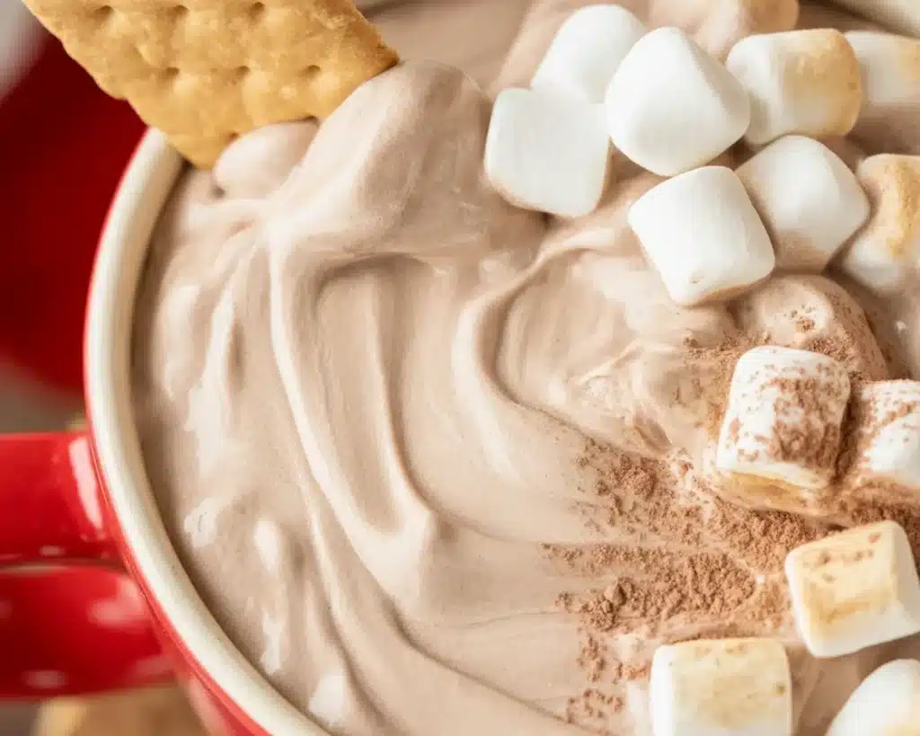 Delicious and creamy Hot Cocoa Dip with marshmallows served with cookies.
