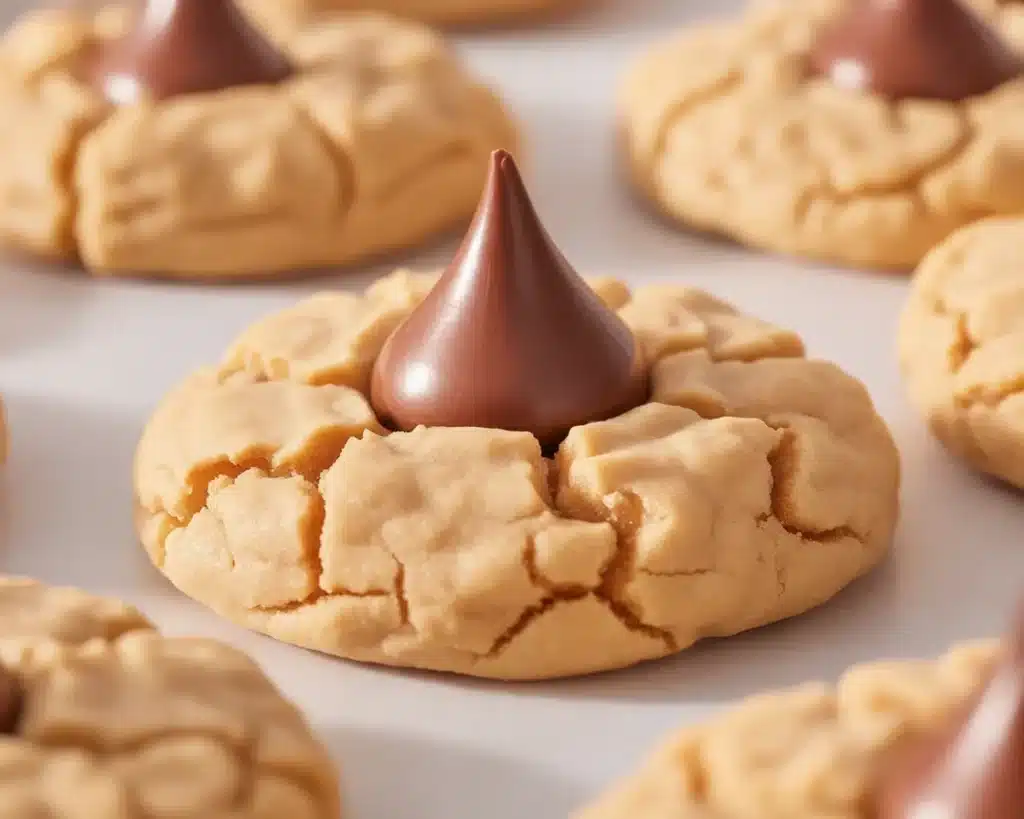Classic Peanut Butter Blossoms cookies topped with chocolate kiss for a festive treat