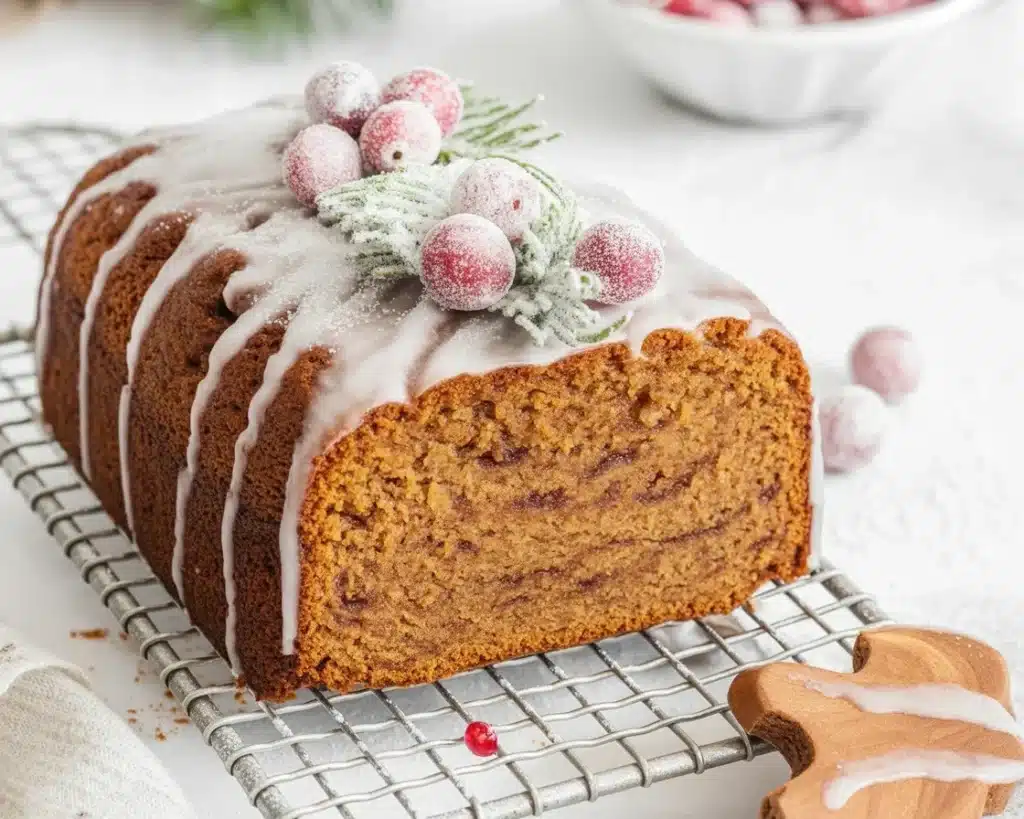 Deliciously spiced gingerbread loaf served with icing and a sprinkle of ground ginger