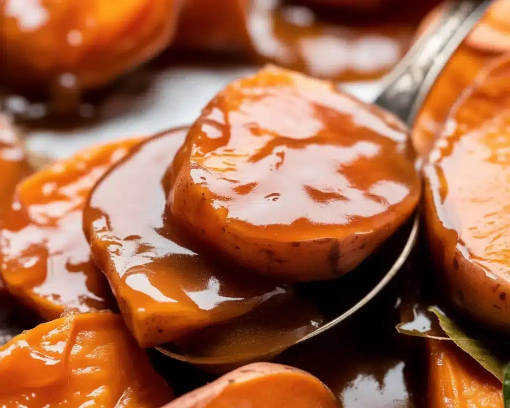 Delicious candied sweet potatoes coated in buttery brown sugar glaze.