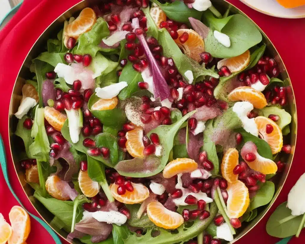 Festive Christmas Salad with mixed greens, pomegranate seeds, and citrus dressing.