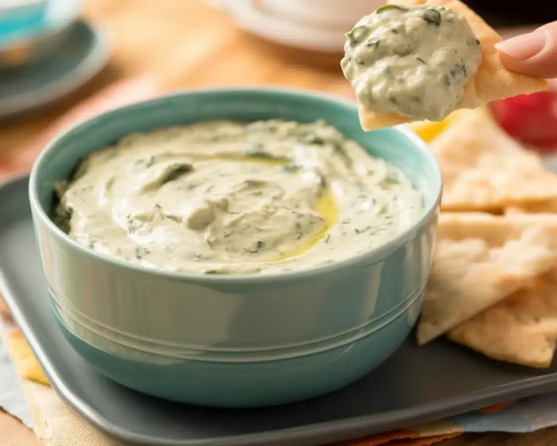 Deliciously creamy and cheesy hot artichoke dip served with toasted bread.