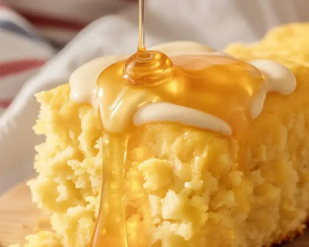 Delicious Honey Butter Cornbread Pudding served warm with a honey butter glaze.