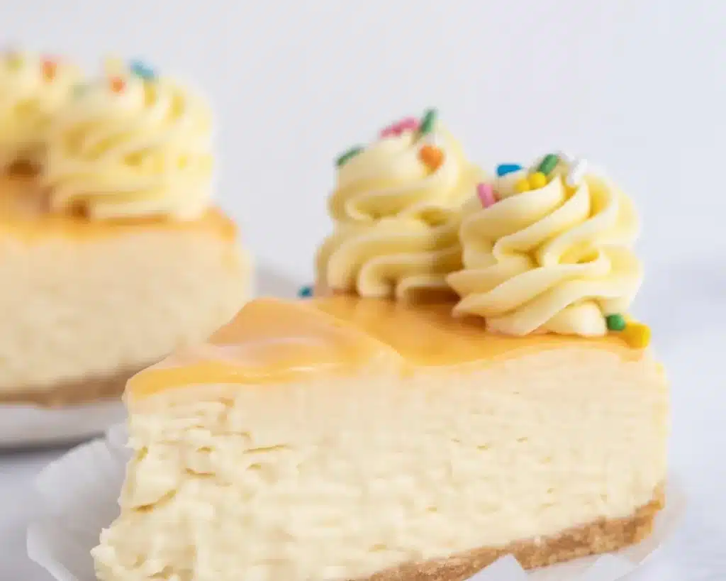 Delicious Sugar Cookie Cheesecake with colorful toppings and a sugar cookie crust.