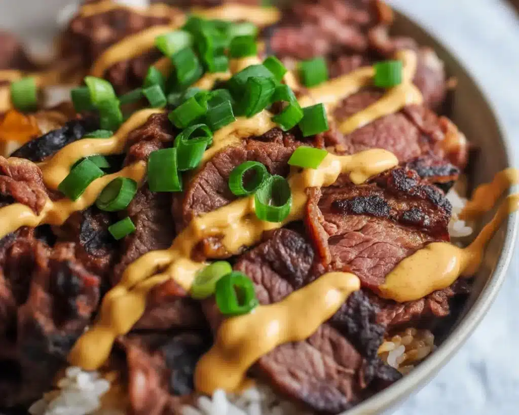 Korean BBQ Steak Rice Bowls with Spicy Cream Sauce served with fresh vegetables and garnished.