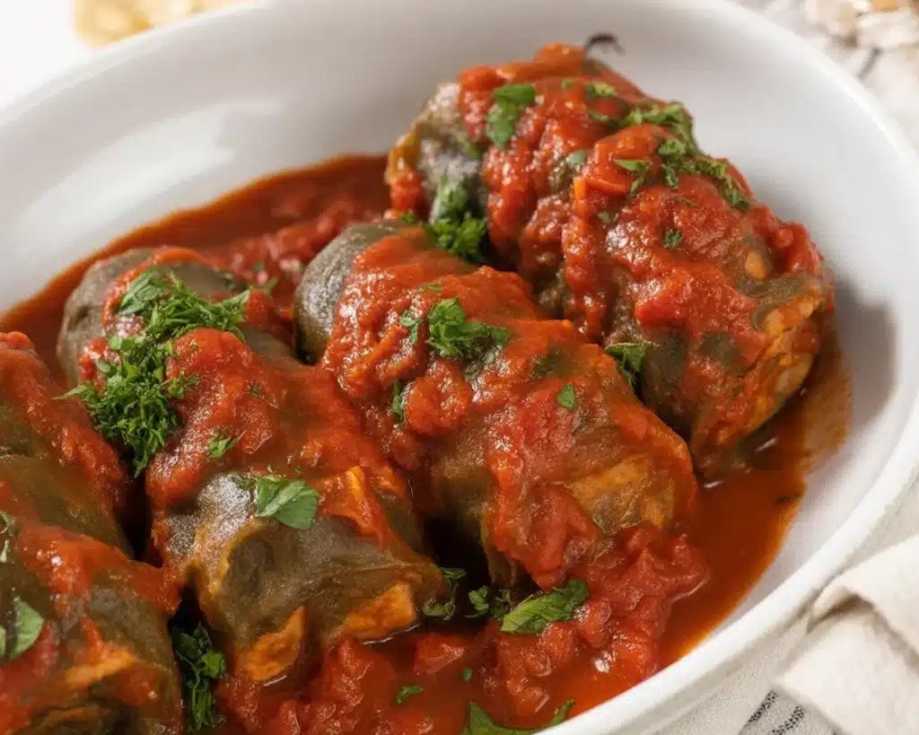 Beef Braciole with Tomato Sauce, stuffed with garlic and herbs, served on a plate.