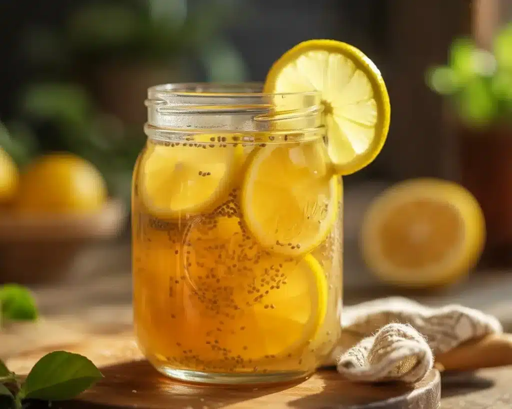 Natural Zepbound recipe detox drink with apple cider vinegar, lemon, chia seeds, and ginger.
