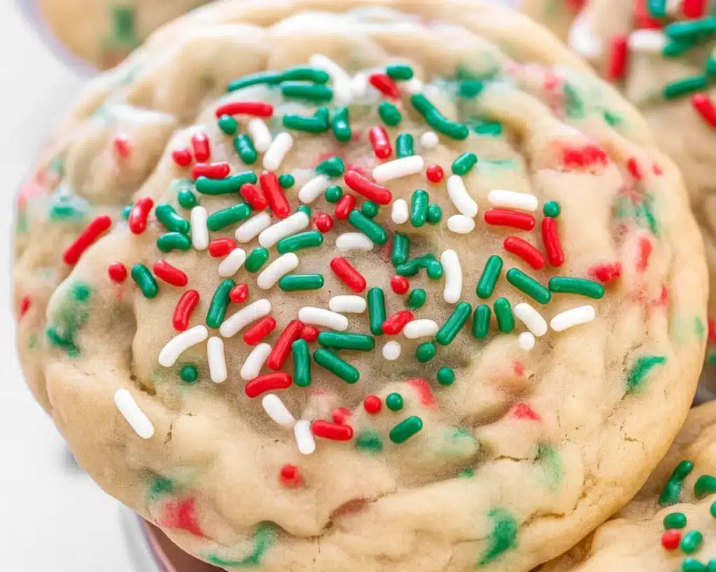 Delicious soft Christmas sprinkle cookies topped with colorful festive sprinkles.