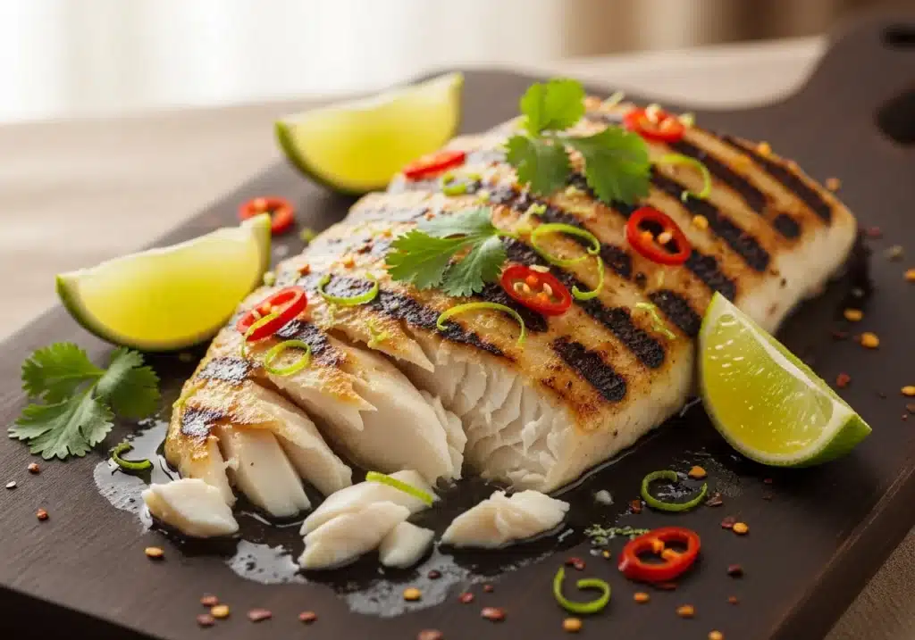 Chilli Lime Fish garnished with fresh cilantro and lime slices on a white platter