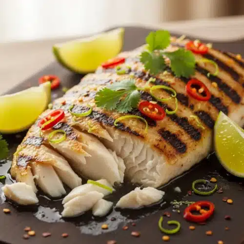 Chilli Lime Fish garnished with fresh cilantro and lime slices on a white platter