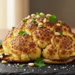 Golden roasted cauliflower florets with crispy edges and caramelized spots on white serving plate