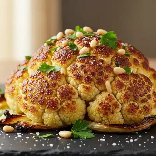 Golden roasted cauliflower florets with crispy edges and caramelized spots on white serving plate