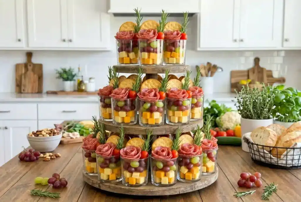 Charcuterie Cup Tower Board with assorted cheeses, meats, and nuts for events.