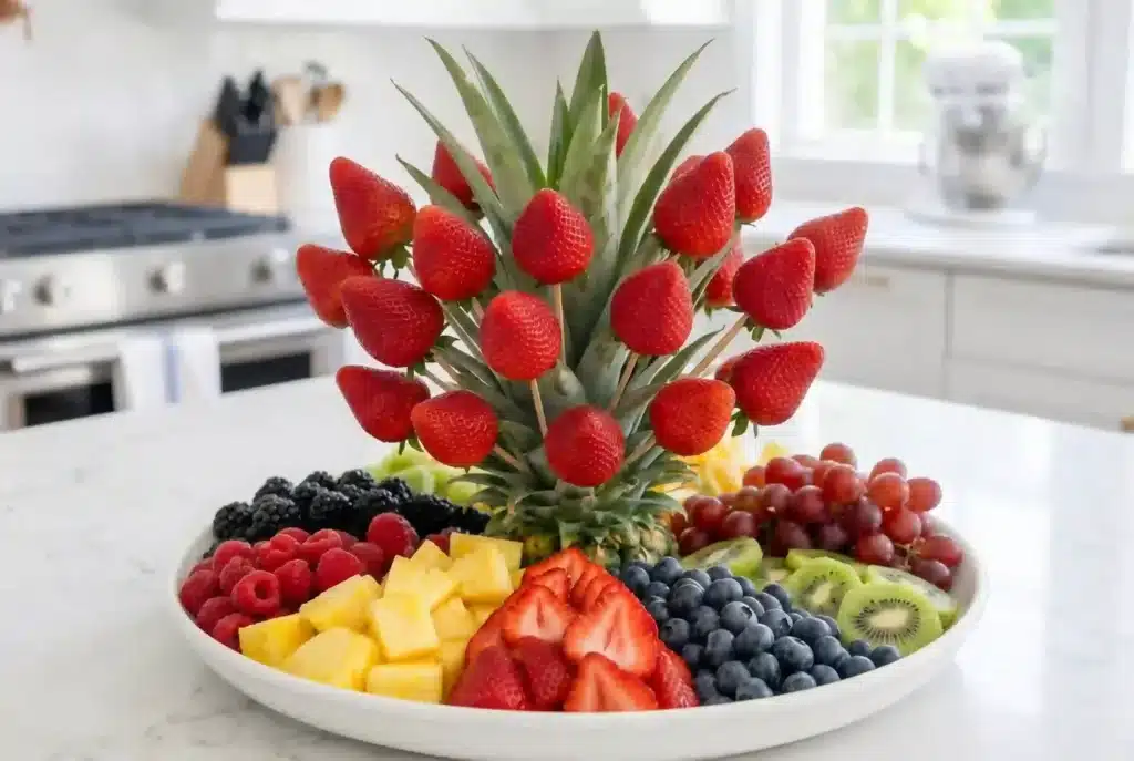 Pineapple strawberry centerpiece perfect for tropical summer parties and celebrations.