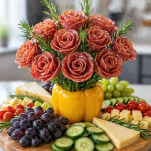 Beautiful Salami Rose Bouquet for charcuterie boards, an exquisite alternative to flowers.