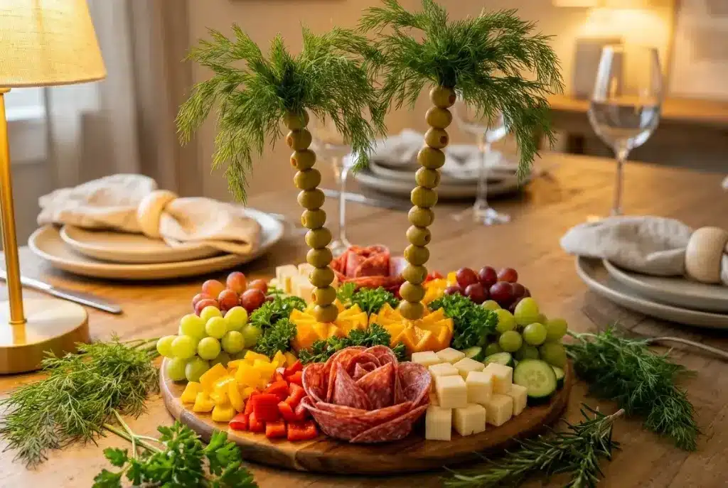 palm tree charcuterie board served