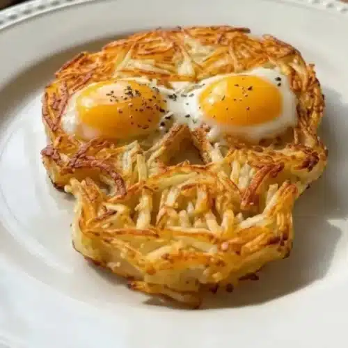 Spooky Halloween Skull Hash breakfast dish topped with eggs and herbs