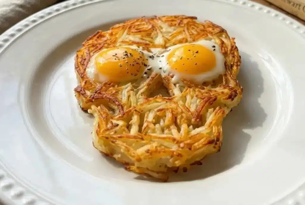 Spooky Halloween Skull Hash breakfast dish topped with eggs and herbs