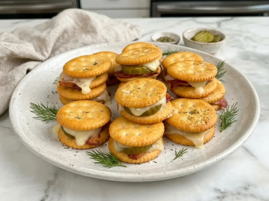 Bacon and pickle cheese bites on a platter, a crunchy appetizer