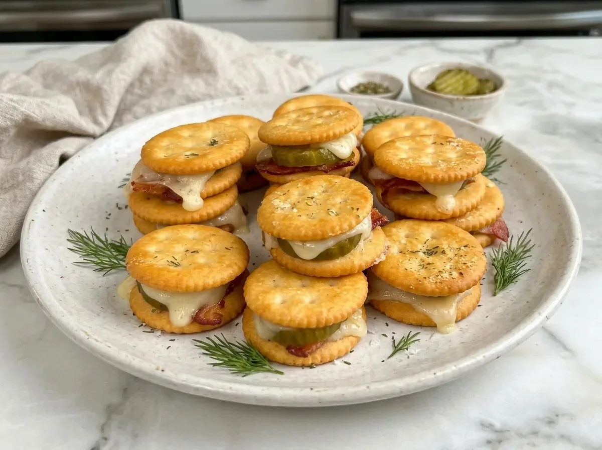 Bacon and pickle cheese bites on a platter, a crunchy appetizer
