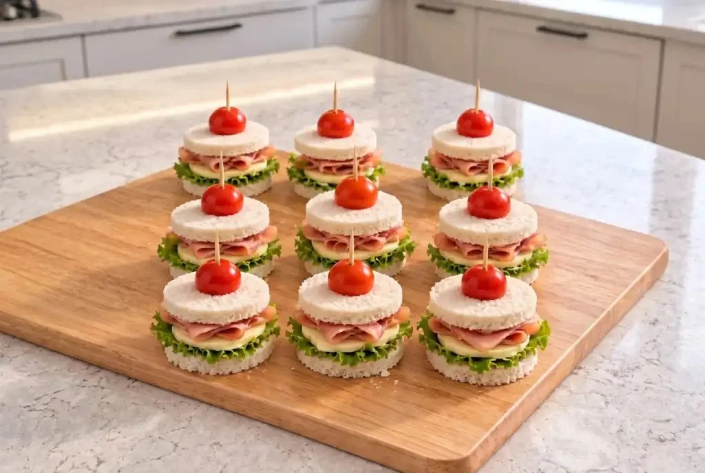 Bite-sized party sandwiches with lettuce, cheese, and deli ham on soft bread rounds