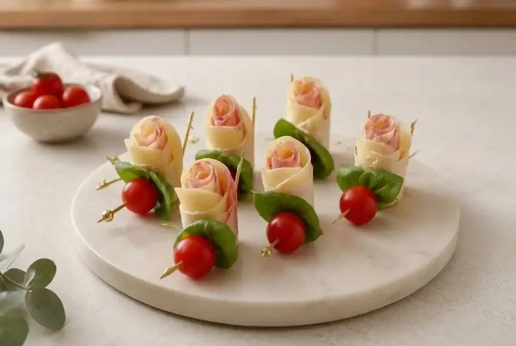 Edible garden flower skewers with savory roses and tortilla wraps.