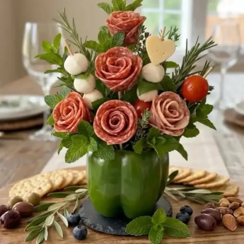 A beautifully arranged charcuterie bouquet with edible flowers and gourmet ingredients.