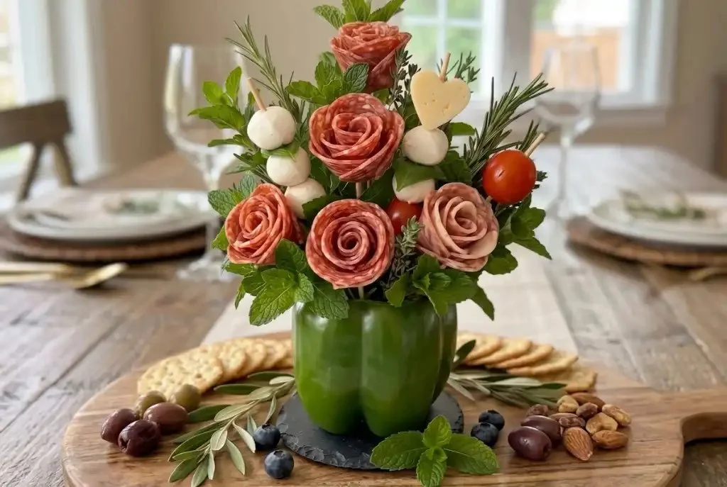 A beautifully arranged charcuterie bouquet with edible flowers and gourmet ingredients.