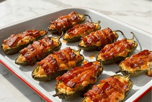 Cheesy bacon jalapeno poppers served on a plate for a spicy snack
